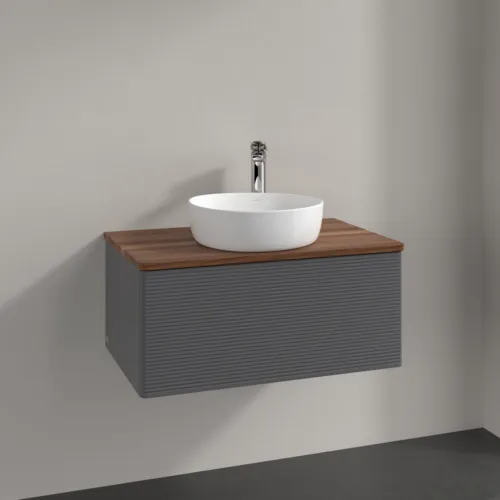 Bild von VILLEROY BOCH Antao Waschbeckenunterschrank, mit Beleuchtung, 1 Auszug, 800 x 360 x 500 mm, Front mit Struktur, Anthracite Matt Lacquer / Warm Walnut #L30152GK