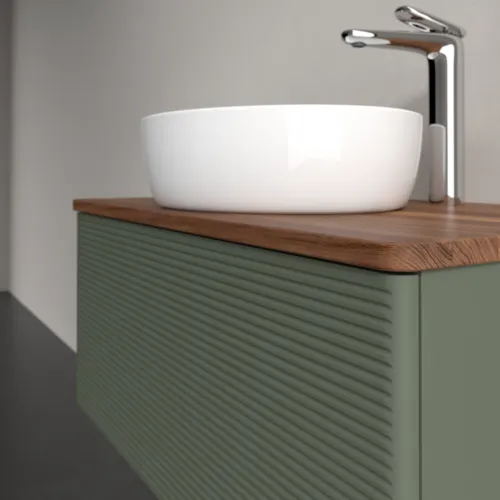 Bild von VILLEROY BOCH Antao Waschbeckenunterschrank, mit Beleuchtung, 1 Auszug, 800 x 360 x 500 mm, Front mit Struktur, Leaf Green Matt Lacquer / Warm Walnut #L30152HL