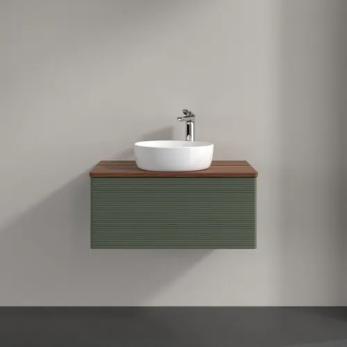 Bild von VILLEROY BOCH Antao Waschbeckenunterschrank, mit Beleuchtung, 1 Auszug, 800 x 360 x 500 mm, Front mit Struktur, Leaf Green Matt Lacquer / Warm Walnut #L30152HL