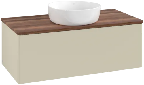 Picture of VILLEROY BOCH Antao Vanity unit, with lighting, 1 pull-out compartment, 1000 x 360 x 500 mm, Front without structure, Silk Grey Matt Lacquer / Warm Walnut #L31012HJ