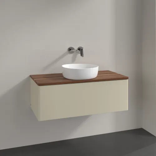 Picture of VILLEROY BOCH Antao Vanity unit, with lighting, 1 pull-out compartment, 1000 x 360 x 500 mm, Front without structure, Silk Grey Matt Lacquer / Warm Walnut #L31012HJ