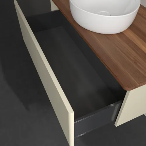 Picture of VILLEROY BOCH Antao Vanity unit, with lighting, 1 pull-out compartment, 1000 x 360 x 500 mm, Front without structure, Silk Grey Matt Lacquer / Warm Walnut #L31012HJ