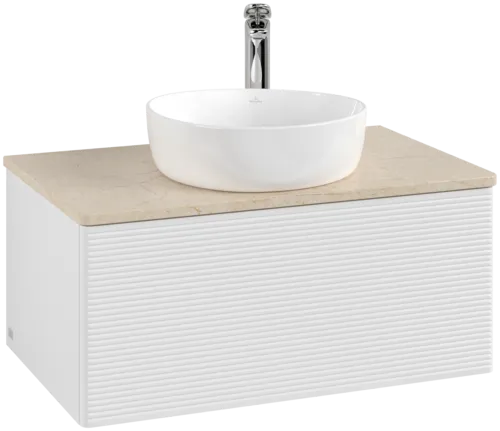 Picture of VILLEROY BOCH Antao Vanity unit, with lighting, 1 pull-out compartment, 800 x 360 x 500 mm, Front with grain texture, Glossy White Lacquer / Botticino #L30153GF