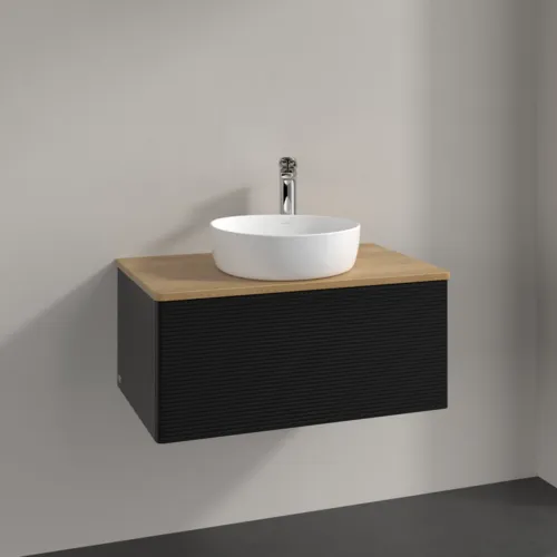 Bild von VILLEROY BOCH Antao Waschbeckenunterschrank, mit Beleuchtung, 1 Auszug, 800 x 360 x 500 mm, Front mit Struktur, Black Matt Lacquer / Honey Oak #L30151PD