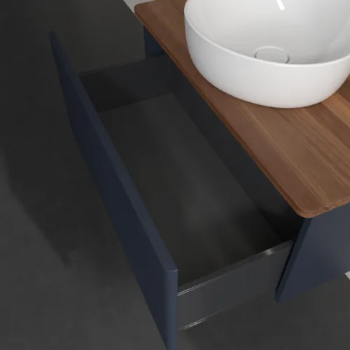 Bild von VILLEROY BOCH Antao Waschbeckenunterschrank, mit Beleuchtung, 1 Auszug, 800 x 360 x 500 mm, Front mit Struktur, Midnight Blue Matt Lacquer / Warm Walnut #L30152HG