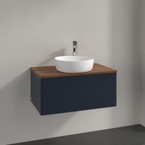 Bild von VILLEROY BOCH Antao Waschbeckenunterschrank, mit Beleuchtung, 1 Auszug, 800 x 360 x 500 mm, Front mit Struktur, Midnight Blue Matt Lacquer / Warm Walnut #L30152HG
