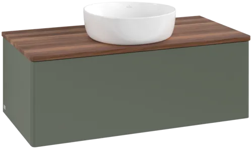 Picture of VILLEROY BOCH Antao Vanity unit, with lighting, 1 pull-out compartment, 1000 x 360 x 500 mm, Front without structure, Leaf Green Matt Lacquer / Warm Walnut #L31012HL