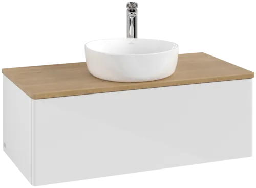 Picture of VILLEROY BOCH Antao Vanity unit, with lighting, 1 pull-out compartment, 1000 x 360 x 500 mm, Front without structure, Glossy White Lacquer / Honey Oak #L31051GF