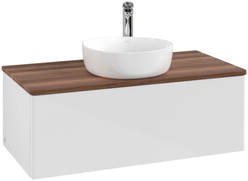 Picture of VILLEROY BOCH Antao Vanity unit, with lighting, 1 pull-out compartment, 1000 x 360 x 500 mm, Front without structure, Glossy White Lacquer / Warm Walnut #L31052GF