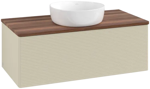 Picture of VILLEROY BOCH Antao Vanity unit, with lighting, 1 pull-out compartment, 1000 x 360 x 500 mm, Front with grain texture, Silk Grey Matt Lacquer / Warm Walnut #L31112HJ