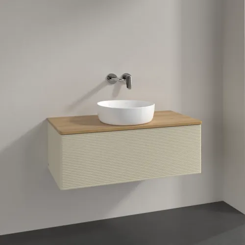 Bild von VILLEROY BOCH Antao Waschbeckenunterschrank, mit Beleuchtung, 1 Auszug, 1000 x 360 x 500 mm, Front mit Struktur, Silk Grey Matt Lacquer / Honey Oak #L31111HJ