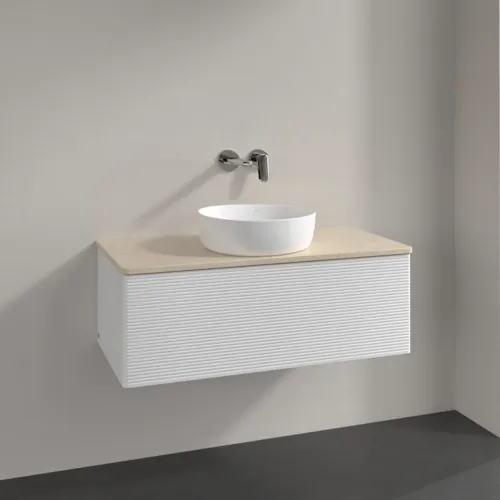 Bild von VILLEROY BOCH Antao Waschbeckenunterschrank, mit Beleuchtung, 1 Auszug, 1000 x 360 x 500 mm, Front mit Struktur, Glossy White Lacquer / Botticino #L31113GF