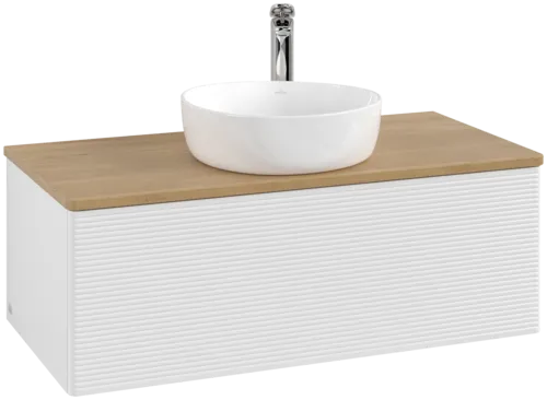 Picture of VILLEROY BOCH Antao Vanity unit, with lighting, 1 pull-out compartment, 1000 x 360 x 500 mm, Front with grain texture, Glossy White Lacquer / Honey Oak #L31151GF