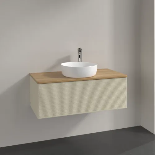 Bild von VILLEROY BOCH Antao Waschbeckenunterschrank, mit Beleuchtung, 1 Auszug, 1000 x 360 x 500 mm, Front mit Struktur, Silk Grey Matt Lacquer / Honey Oak #L31151HJ