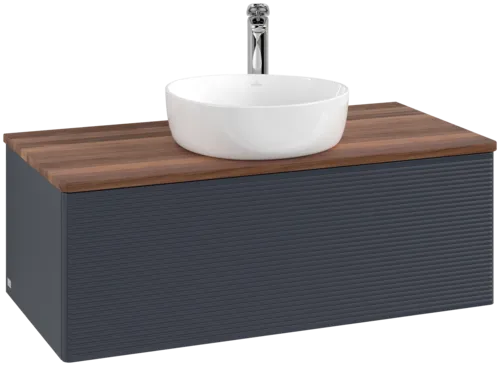 Picture of VILLEROY BOCH Antao Vanity unit, with lighting, 1 pull-out compartment, 1000 x 360 x 500 mm, Front with grain texture, Midnight Blue Matt Lacquer / Warm Walnut #L31152HG