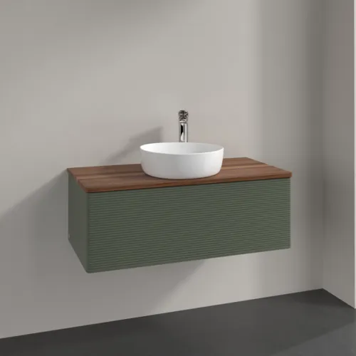 Bild von VILLEROY BOCH Antao Waschbeckenunterschrank, mit Beleuchtung, 1 Auszug, 1000 x 360 x 500 mm, Front mit Struktur, Leaf Green Matt Lacquer / Warm Walnut #L31152HL