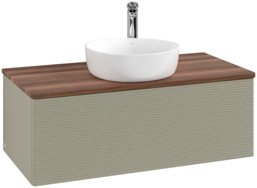 Picture of VILLEROY BOCH Antao Vanity unit, with lighting, 1 pull-out compartment, 1000 x 360 x 500 mm, Front with grain texture, Stone Grey Matt Lacquer / Warm Walnut #L31152HK