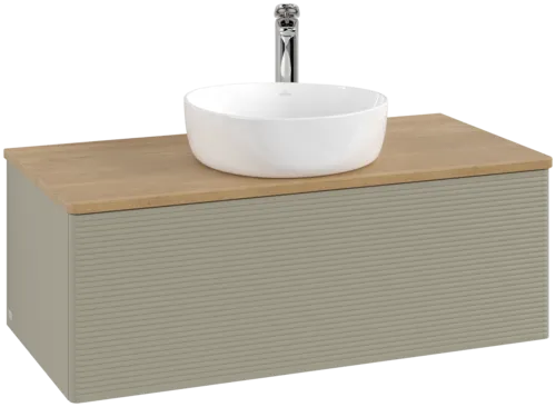 Picture of VILLEROY BOCH Antao Vanity unit, with lighting, 1 pull-out compartment, 1000 x 360 x 500 mm, Front with grain texture, Stone Grey Matt Lacquer / Honey Oak #L31151HK