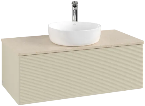 Picture of VILLEROY BOCH Antao Vanity unit, with lighting, 1 pull-out compartment, 1000 x 360 x 500 mm, Front with grain texture, Silk Grey Matt Lacquer / Botticino #L31153HJ