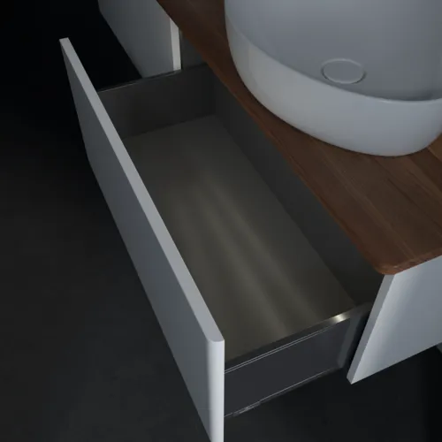 Picture of VILLEROY BOCH Antao Vanity unit, with lighting, 2 pull-out compartments, 1600 x 360 x 500 mm, Front without structure, Glossy White Lacquer / Warm Walnut #L39012GF