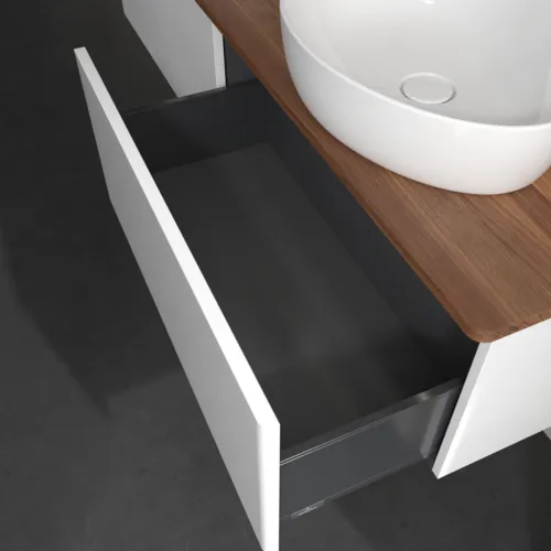 Picture of VILLEROY BOCH Antao Vanity unit, with lighting, 2 pull-out compartments, 1600 x 360 x 500 mm, Front without structure, Glossy White Lacquer / Warm Walnut #L39012GF