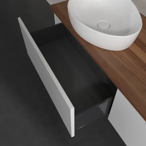 Picture of VILLEROY BOCH Antao Vanity unit, with lighting, 2 pull-out compartments, 1600 x 360 x 500 mm, Front without structure, Glossy White Lacquer / Warm Walnut #L39012GF