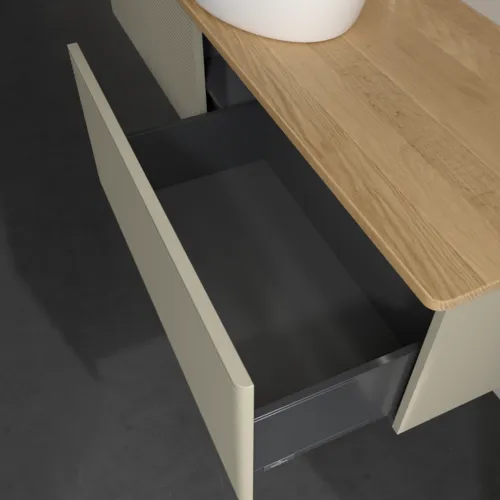 Bild von VILLEROY BOCH Antao Waschbeckenunterschrank, mit Beleuchtung, 2 Auszüge, 1600 x 360 x 500 mm, Front mit Struktur, Stone Grey Matt Lacquer / Honey Oak #L36151HK