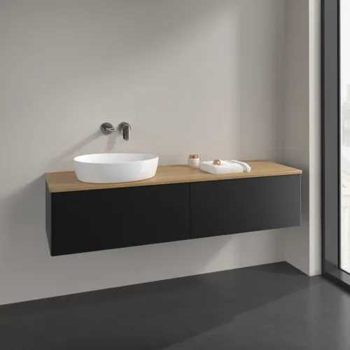 Bild von VILLEROY BOCH Antao Waschbeckenunterschrank, mit Beleuchtung, 2 Auszüge, 1600 x 360 x 500 mm, Front ohne Struktur, Black Matt Lacquer / Honey Oak #L37011PD