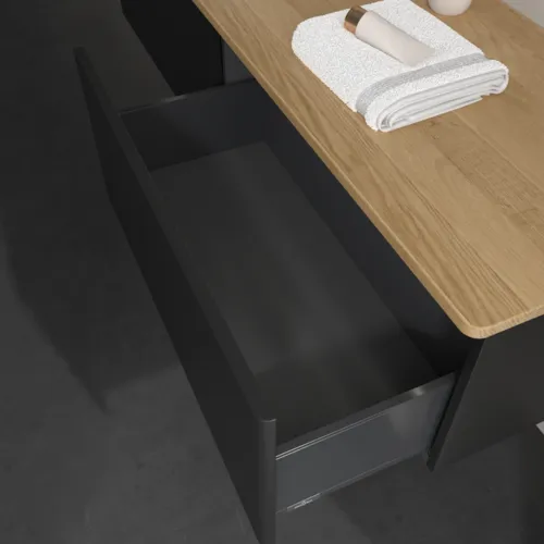 Bild von VILLEROY BOCH Antao Waschbeckenunterschrank, mit Beleuchtung, 2 Auszüge, 1600 x 360 x 500 mm, Front ohne Struktur, Black Matt Lacquer / Honey Oak #L37011PD