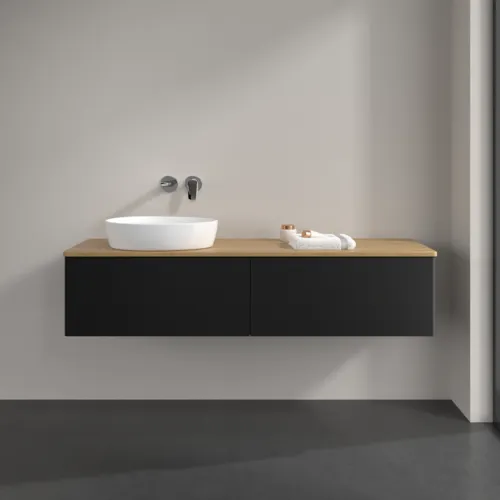 Bild von VILLEROY BOCH Antao Waschbeckenunterschrank, mit Beleuchtung, 2 Auszüge, 1600 x 360 x 500 mm, Front ohne Struktur, Black Matt Lacquer / Honey Oak #L37011PD
