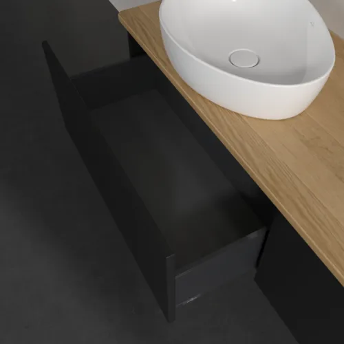 Bild von VILLEROY BOCH Antao Waschbeckenunterschrank, mit Beleuchtung, 2 Auszüge, 1600 x 360 x 500 mm, Front ohne Struktur, Black Matt Lacquer / Honey Oak #L37011PD