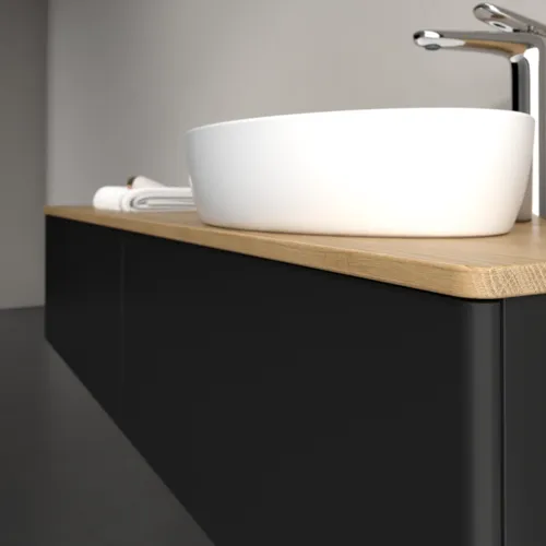 Picture of VILLEROY BOCH Antao Vanity unit, with lighting, 2 pull-out compartments, 1600 x 360 x 500 mm, Front without structure, Black Matt Lacquer / Honey Oak #L38051PD