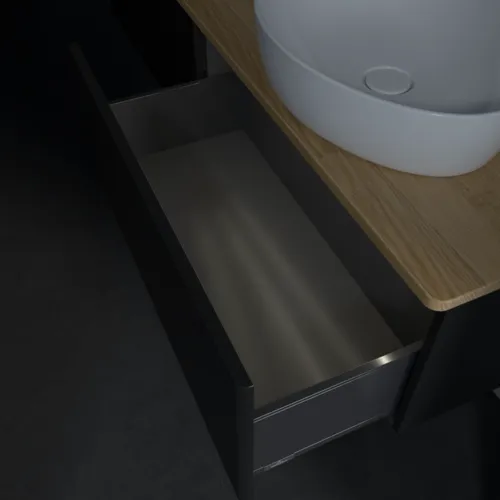 Picture of VILLEROY BOCH Antao Vanity unit, with lighting, 2 pull-out compartments, 1600 x 360 x 500 mm, Front without structure, Black Matt Lacquer / Honey Oak #L38051PD