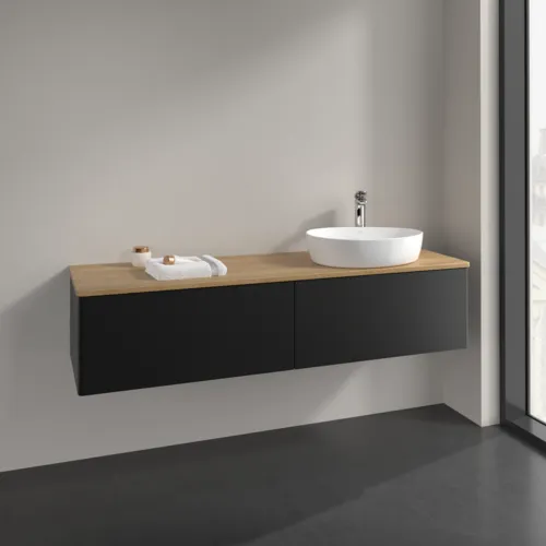 Picture of VILLEROY BOCH Antao Vanity unit, with lighting, 2 pull-out compartments, 1600 x 360 x 500 mm, Front without structure, Black Matt Lacquer / Honey Oak #L38051PD