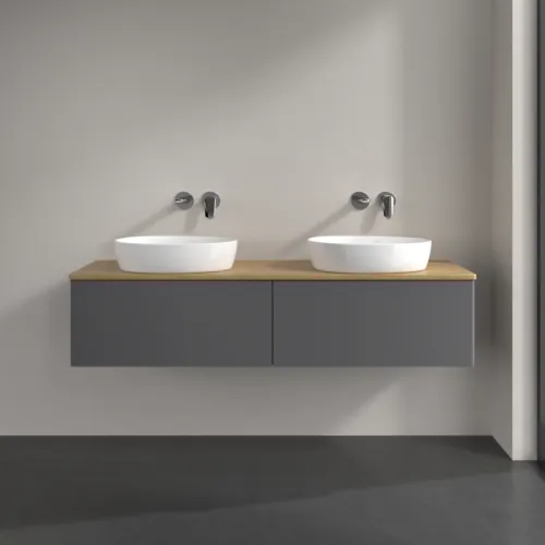 Bild von VILLEROY BOCH Antao Waschbeckenunterschrank, mit Beleuchtung, 2 Auszüge, 1600 x 360 x 500 mm, Front ohne Struktur, Anthracite Matt Lacquer / Honey Oak #L39011GK