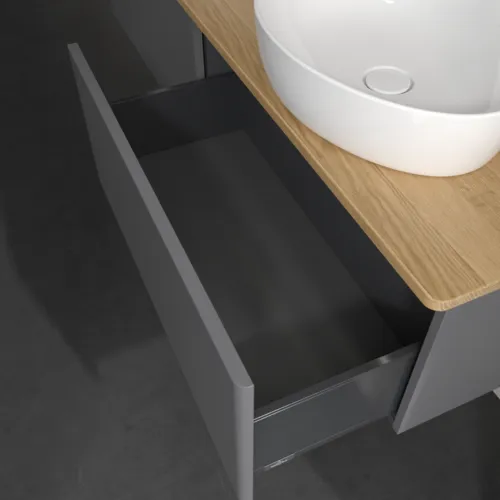 Bild von VILLEROY BOCH Antao Waschbeckenunterschrank, mit Beleuchtung, 2 Auszüge, 1600 x 360 x 500 mm, Front ohne Struktur, Anthracite Matt Lacquer / Honey Oak #L39011GK