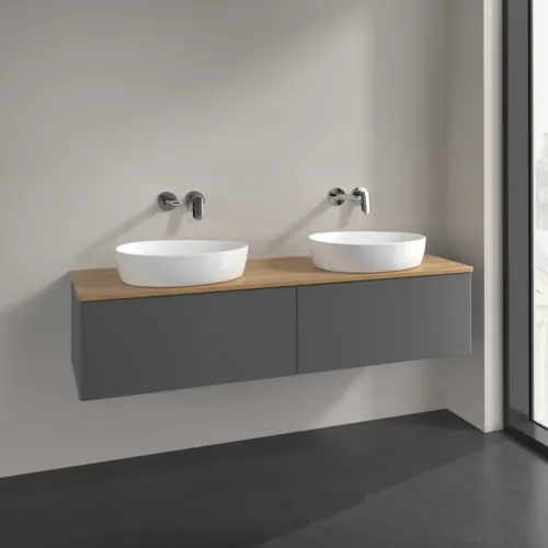 Bild von VILLEROY BOCH Antao Waschbeckenunterschrank, mit Beleuchtung, 2 Auszüge, 1600 x 360 x 500 mm, Front ohne Struktur, Anthracite Matt Lacquer / Honey Oak #L39011GK