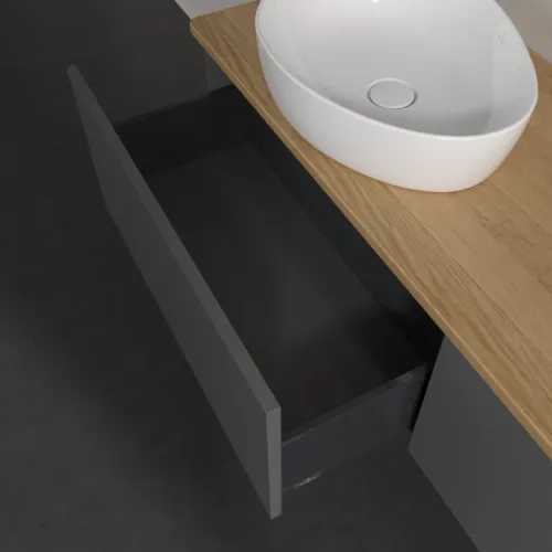 Bild von VILLEROY BOCH Antao Waschbeckenunterschrank, mit Beleuchtung, 2 Auszüge, 1600 x 360 x 500 mm, Front ohne Struktur, Anthracite Matt Lacquer / Honey Oak #L39011GK