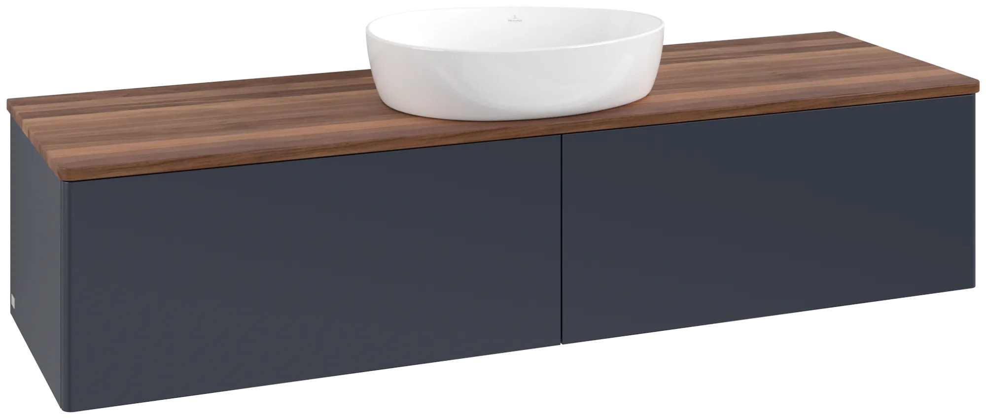 Picture of VILLEROY BOCH Antao Vanity unit, with lighting, 2 pull-out compartments, 1600 x 360 x 500 mm, Front without structure, Midnight Blue Matt Lacquer / Warm Walnut #L36012HG