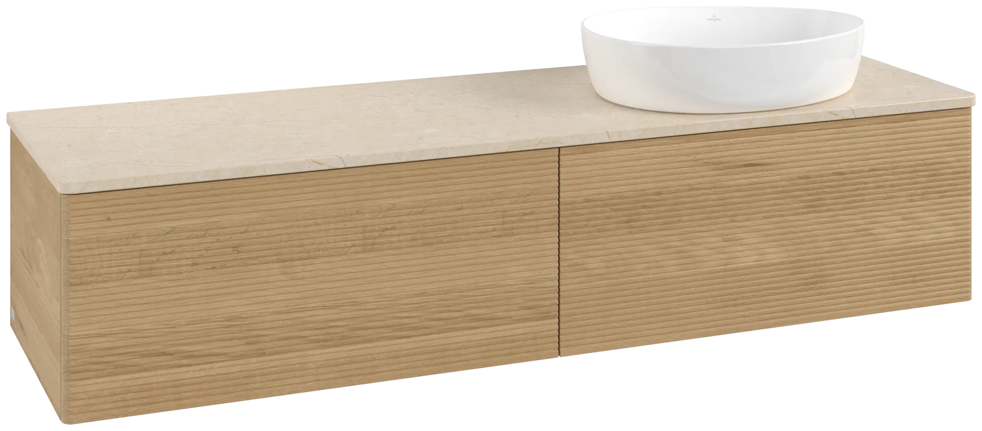 Picture of VILLEROY BOCH Antao Vanity unit, with lighting, 2 pull-out compartments, 1600 x 360 x 500 mm, Front with grain texture, Honey Oak / Botticino #L38113HN