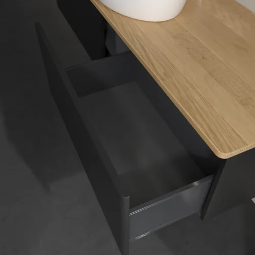 Bild von VILLEROY BOCH Antao Waschbeckenunterschrank, mit Beleuchtung, 2 Auszüge, 1600 x 360 x 500 mm, Front ohne Struktur, Black Matt Lacquer / Honey Oak #L36051PD