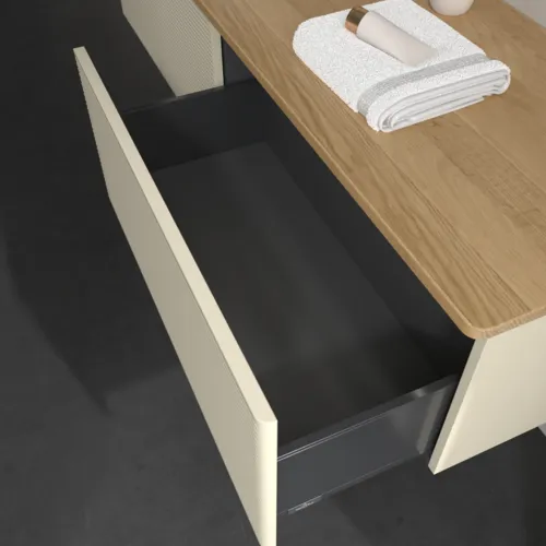 Bild von VILLEROY BOCH Antao Waschbeckenunterschrank, mit Beleuchtung, 2 Auszüge, 1600 x 360 x 500 mm, Front mit Struktur, Silk Grey Matt Lacquer / Honey Oak #L37111HJ