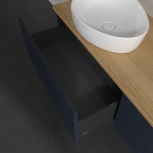 VILLEROY BOCH Antao Waschbeckenunterschrank, mit Beleuchtung, 2 Auszüge, 1600 x 360 x 500 mm, Front mit Struktur, Midnight Blue Matt Lacquer / Honey Oak #L37111HG, Bild 6