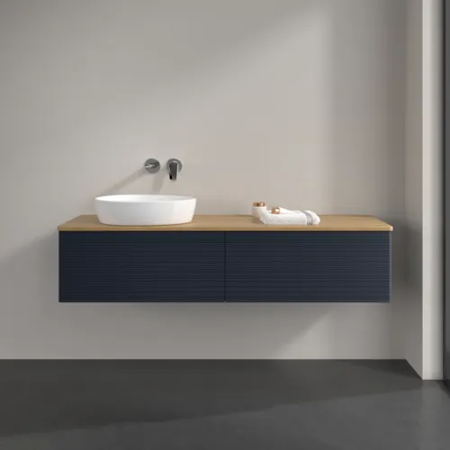 VILLEROY BOCH Antao Waschbeckenunterschrank, mit Beleuchtung, 2 Auszüge, 1600 x 360 x 500 mm, Front mit Struktur, Midnight Blue Matt Lacquer / Honey Oak #L37111HG, Bild 3