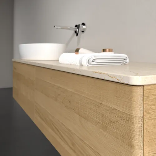 Bild von VILLEROY BOCH Antao Waschbeckenunterschrank, mit Beleuchtung, 2 Auszüge, 1600 x 360 x 500 mm, Front ohne Struktur, Honey Oak / Botticino #L37013HN