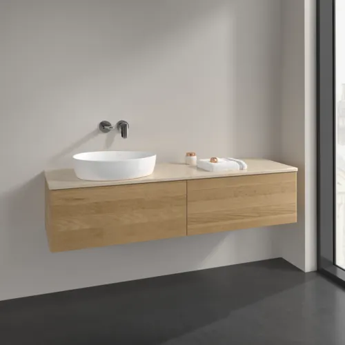 Bild von VILLEROY BOCH Antao Waschbeckenunterschrank, mit Beleuchtung, 2 Auszüge, 1600 x 360 x 500 mm, Front ohne Struktur, Honey Oak / Botticino #L37013HN