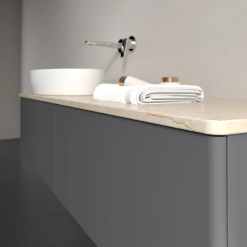 Bild von VILLEROY BOCH Antao Waschbeckenunterschrank, mit Beleuchtung, 2 Auszüge, 1600 x 360 x 500 mm, Front ohne Struktur, Anthracite Matt Lacquer / Botticino #L37013GK