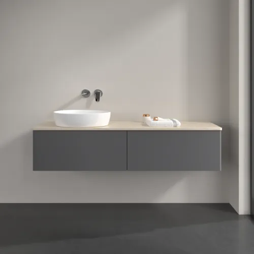 Bild von VILLEROY BOCH Antao Waschbeckenunterschrank, mit Beleuchtung, 2 Auszüge, 1600 x 360 x 500 mm, Front ohne Struktur, Anthracite Matt Lacquer / Botticino #L37013GK