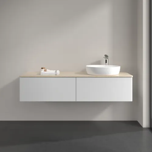 VILLEROY BOCH Antao Waschbeckenunterschrank, mit Beleuchtung, 2 Auszüge, 1600 x 360 x 500 mm, Front ohne Struktur, Glossy White Lacquer / Botticino #L38053GF, Bild 3