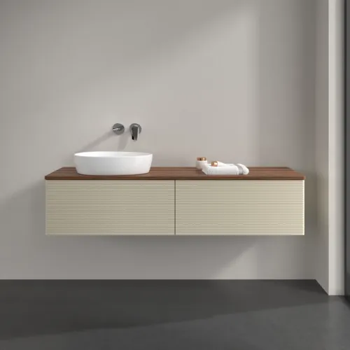 Bild von VILLEROY BOCH Antao Waschbeckenunterschrank, mit Beleuchtung, 2 Auszüge, 1600 x 360 x 500 mm, Front mit Struktur, Silk Grey Matt Lacquer / Warm Walnut #L37112HJ